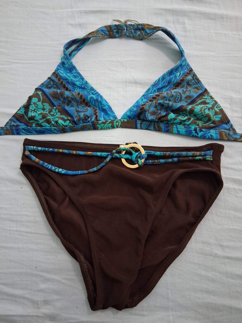 Brown & Blue Floral Halter Bikini Set - Women Swim